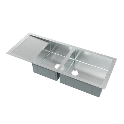 Brushed stainless steel commercial double bowl reversible undermount sink with integral drain board