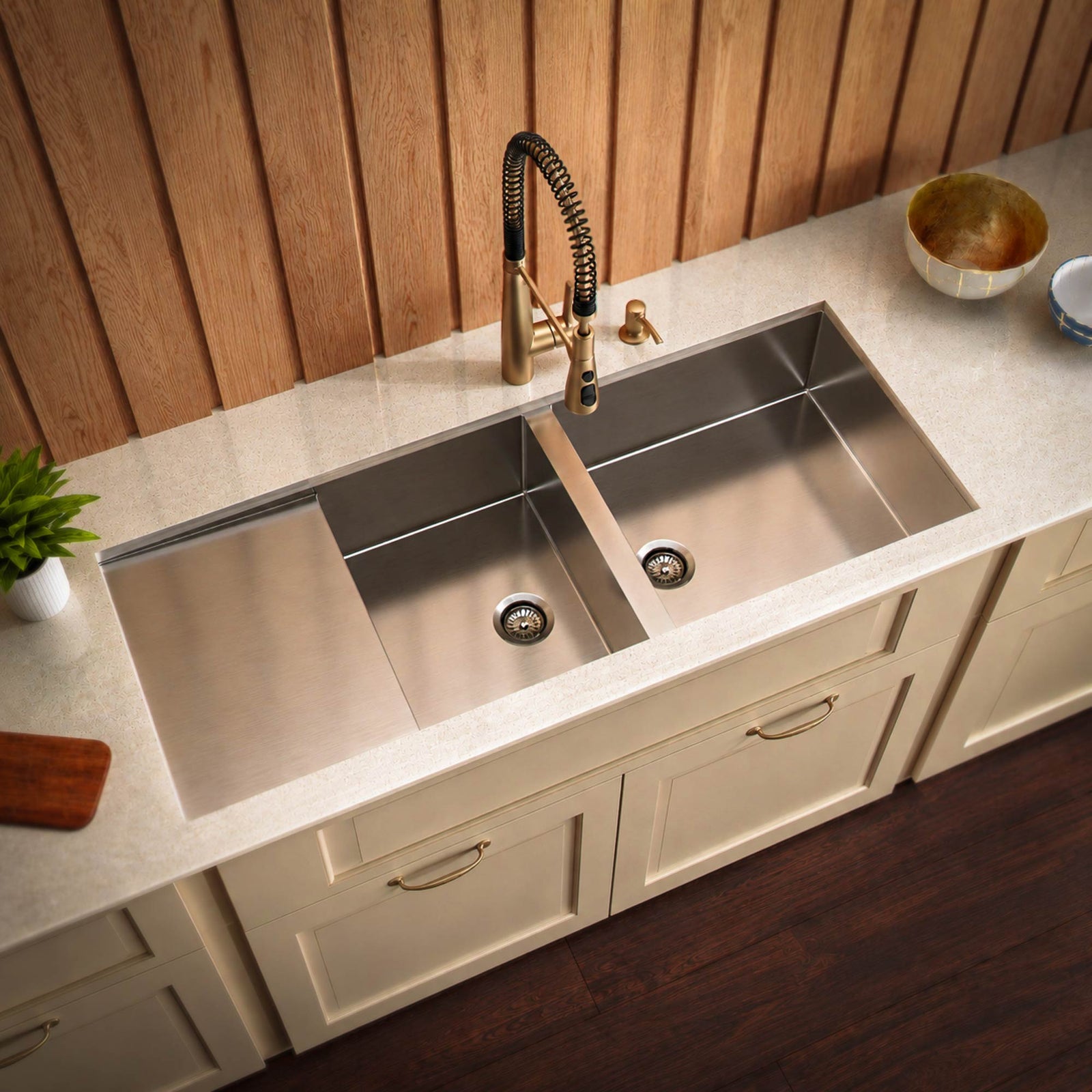 Brushed stainless steel commercial double bowl reversible undermount sink with integral drain board