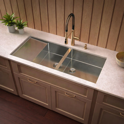 Brushed stainless steel commercial double bowl reversible undermount sink with integral drain board
