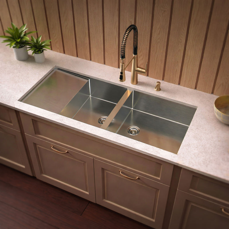 Brushed stainless steel commercial double bowl reversible undermount sink with integral drain board