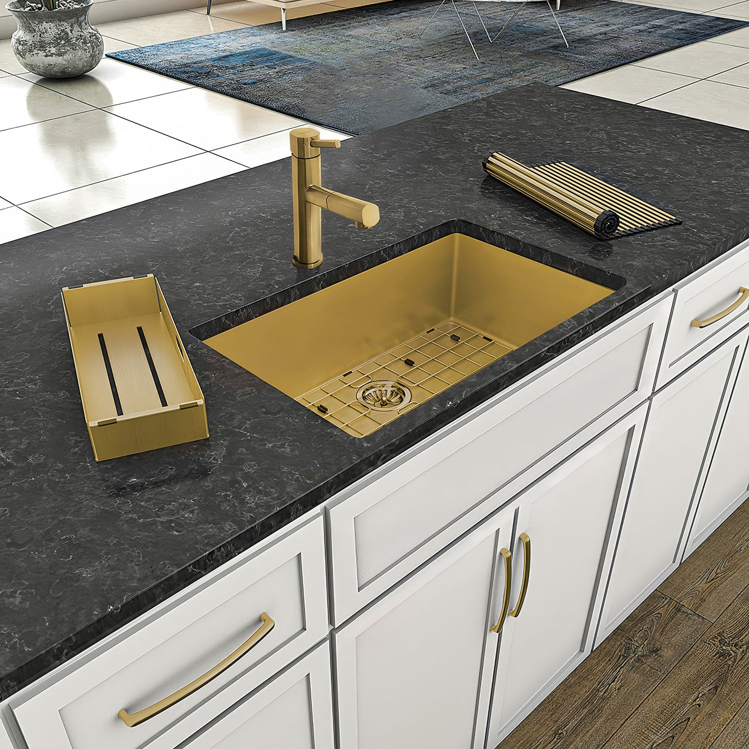 Undermount/Drop-In Single Bowl Stainless Steel Kitchen Sink Set: 16 Gauge, Linen Textured Inner Bowl