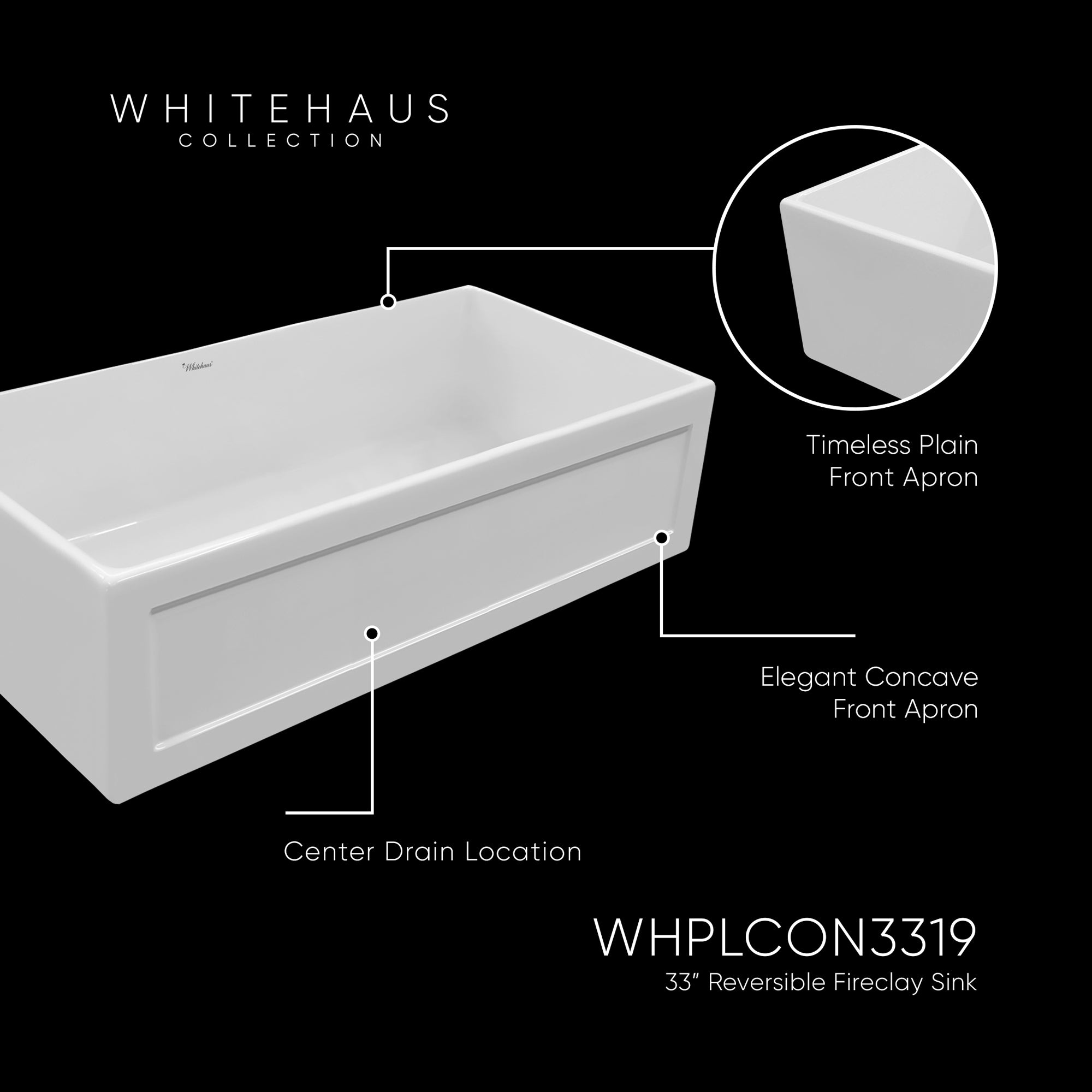 Reversible single bowl fireclay kitchen sink: plain, concave front apron