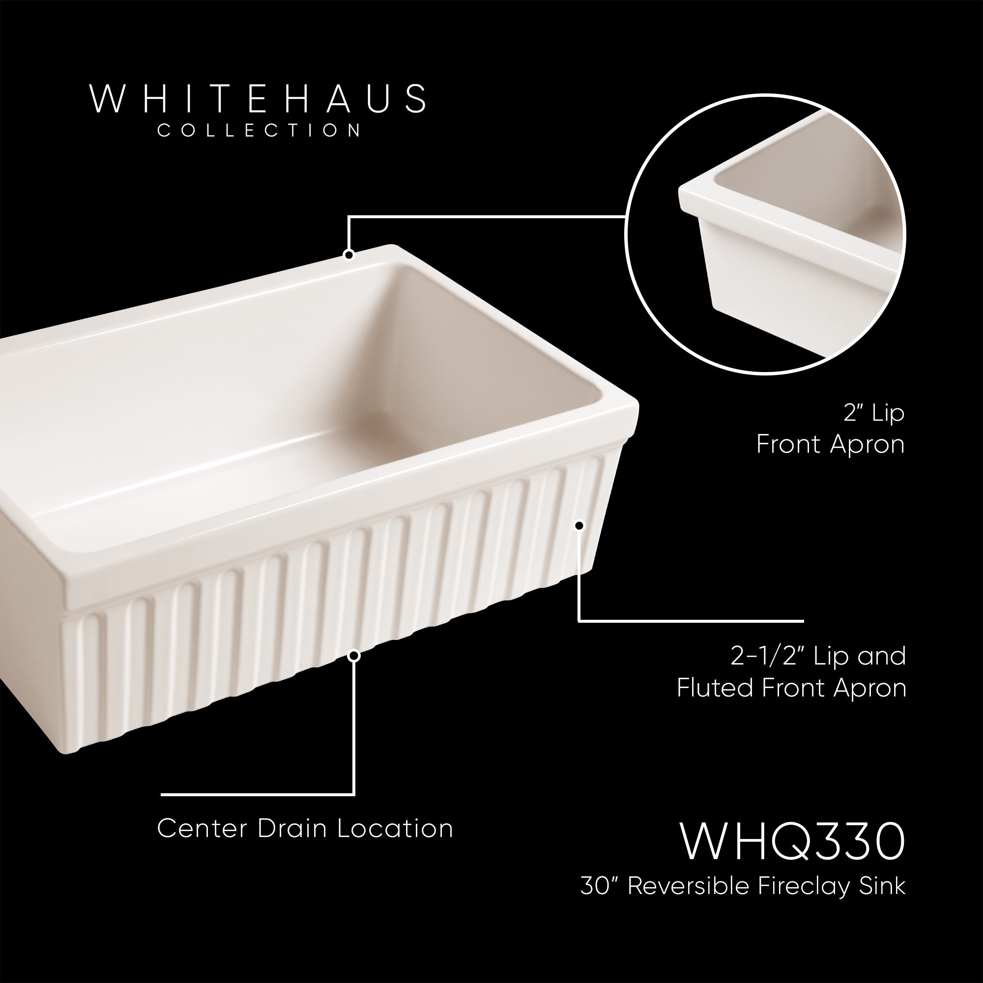 Whitehaus WHQ530-WH Farhaus Quatro Alcove 30-Inch Reversible Fireclay