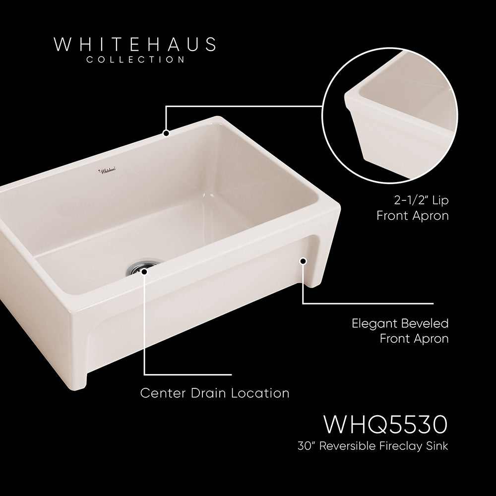 30" Reversible Single Bowl Fireclay Kitchen Sink: 2½" lip, beveled front apron