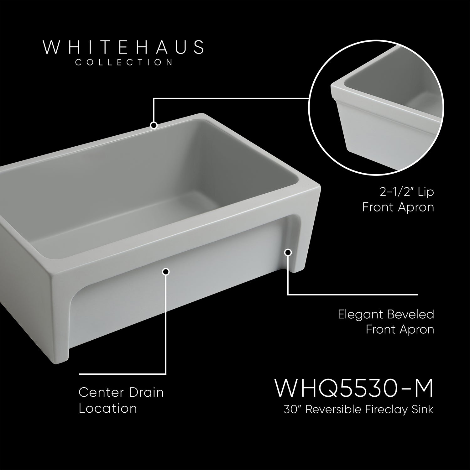 30" Reversible Single Bowl Fireclay Kitchen Sink: 2½" lip, beveled front apron