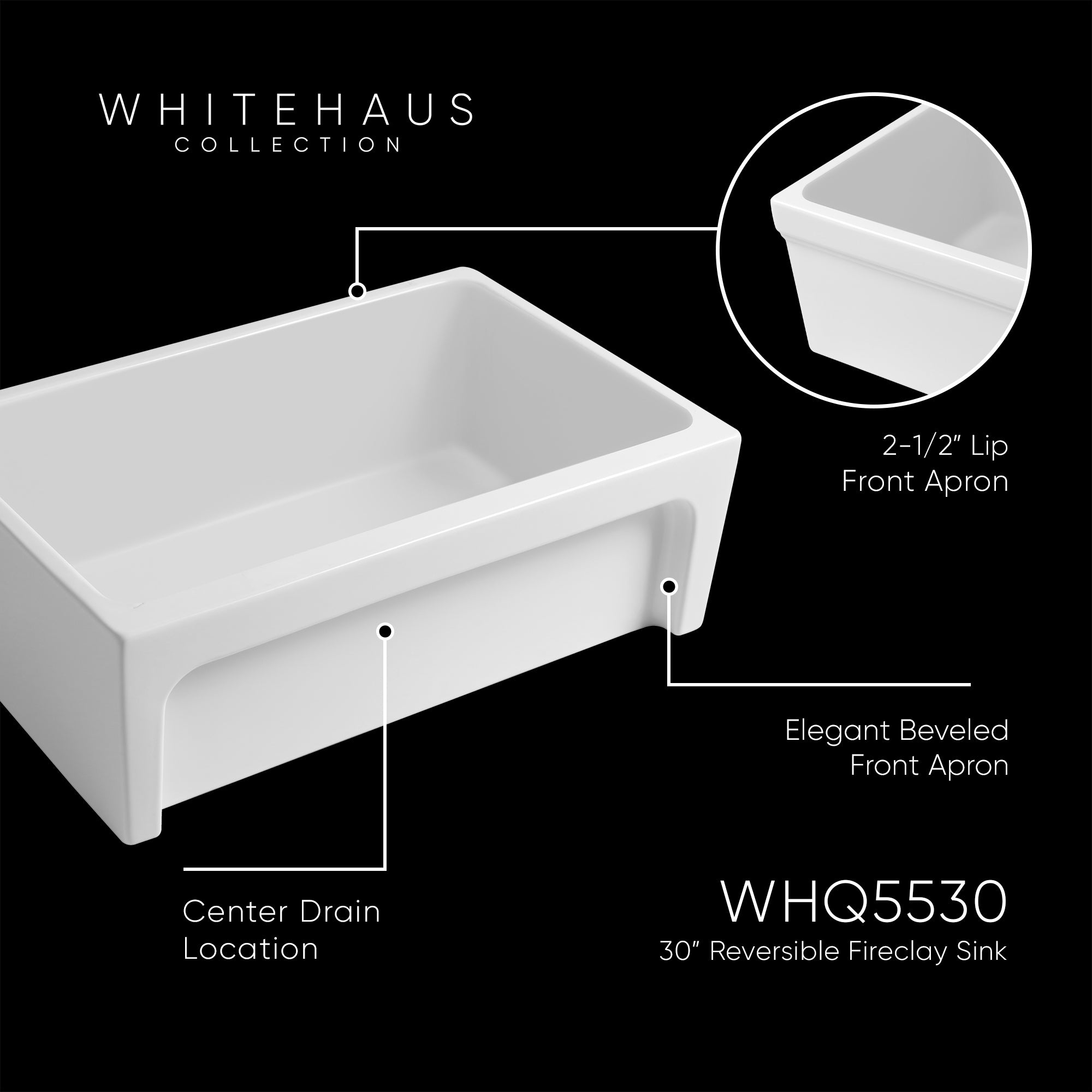 30" Reversible Single Bowl Fireclay Kitchen Sink: 2½" lip, beveled front apron