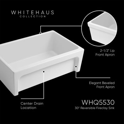 30" Reversible Single Bowl Fireclay Kitchen Sink: 2½" lip, beveled front apron