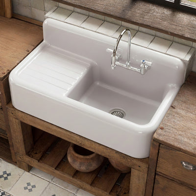 42" Single Bowl Fireclay Kitchen Or Utility Front Apron Sink: Integral Drainboard, High Backsplash