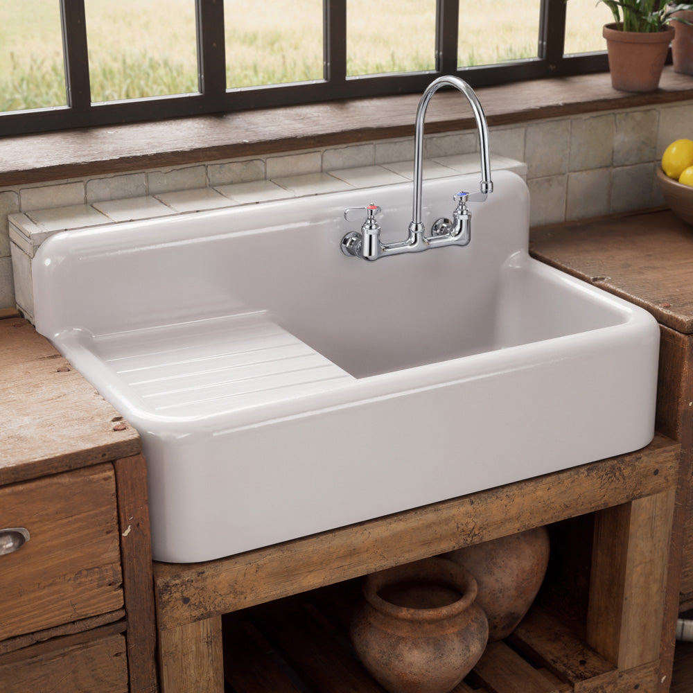 42" Single Bowl Fireclay Kitchen Or Utility Front Apron Sink: Integral Drainboard, High Backsplash