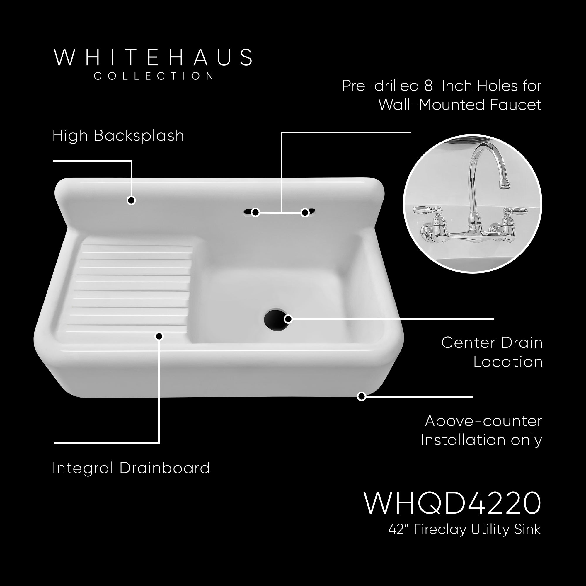 42" Single Bowl Fireclay Kitchen Or Utility Front Apron Sink: Integral Drainboard, High Backsplash