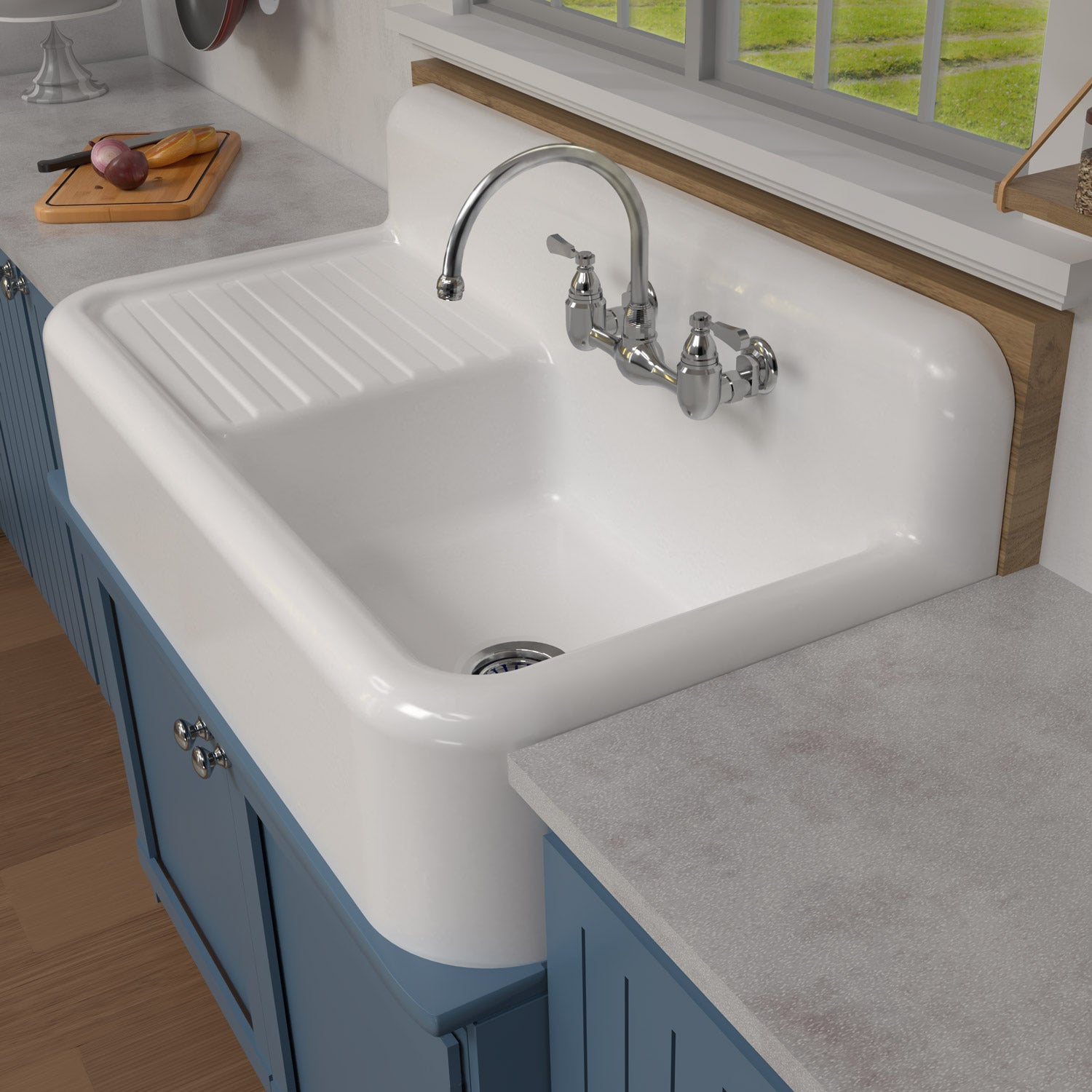 42" Single Bowl Fireclay Kitchen Or Utility Front Apron Sink: Integral Drainboard, High Backsplash