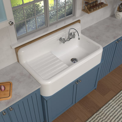 42" Single Bowl Fireclay Kitchen Or Utility Front Apron Sink: Integral Drainboard, High Backsplash
