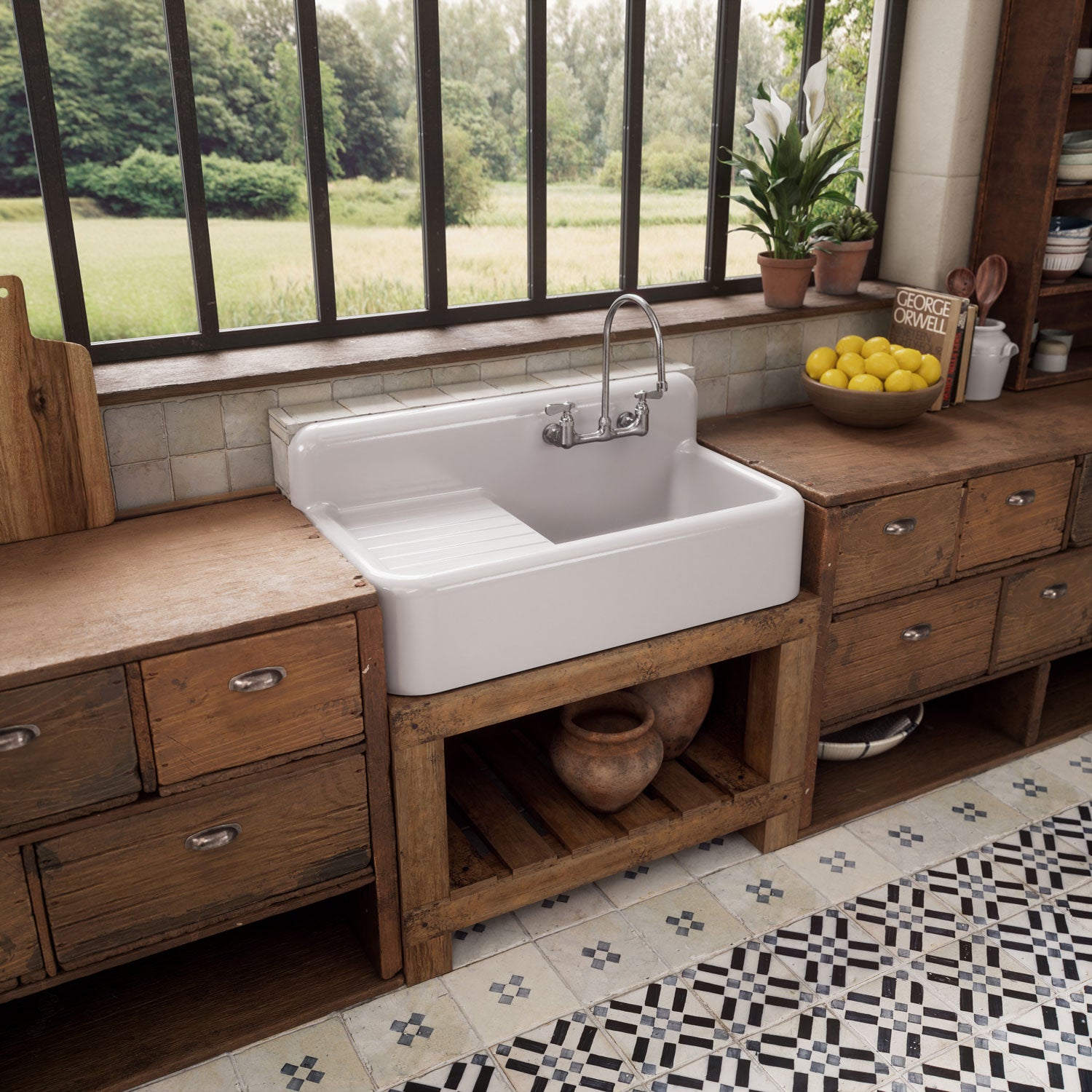 42" Single Bowl Fireclay Kitchen Or Utility Front Apron Sink: Integral Drainboard, High Backsplash