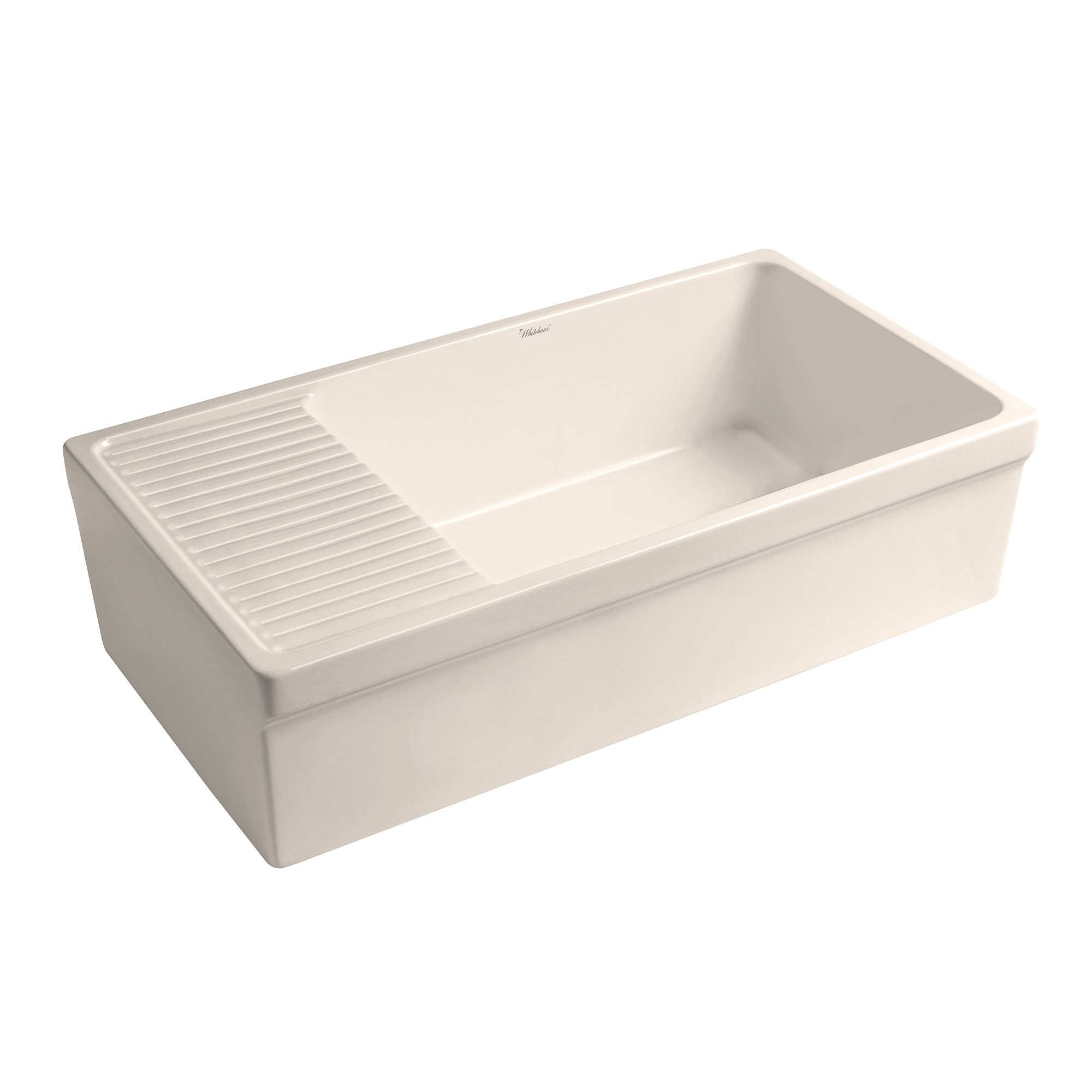 Large reversible single bowl fireclay kitchen sink: integral drain board, 2½” lip front apron
