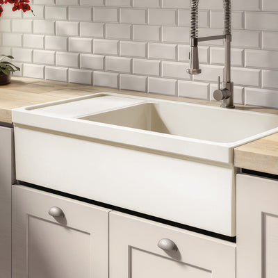 Large reversible single bowl fireclay kitchen sink: integral drain board, 2½” lip front apron