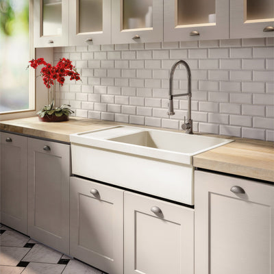 Large reversible single bowl fireclay kitchen sink: integral drain board, 2½” lip front apron