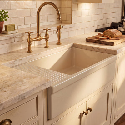 Large reversible single bowl fireclay kitchen sink: integral drain board, 2½” lip front apron