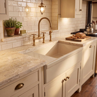 Large reversible single bowl fireclay kitchen sink: integral drain board, 2½” lip front apron