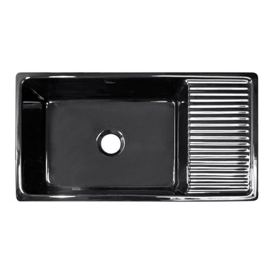 Large reversible single bowl fireclay kitchen sink: integral drain board, 2½” lip front apron