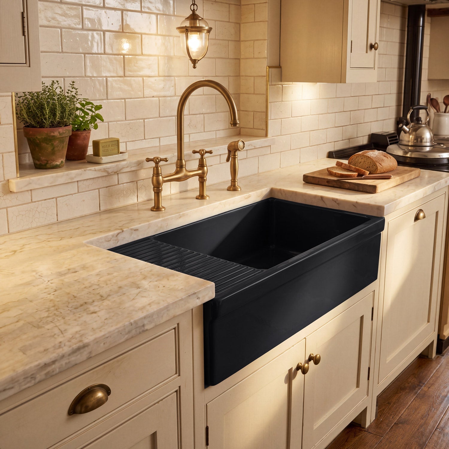 Large reversible single bowl fireclay kitchen sink: integral drain board, 2½” lip front apron