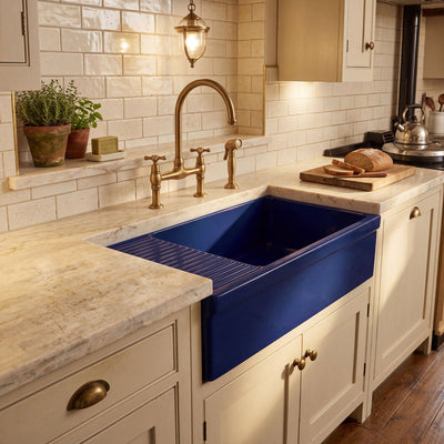 Large reversible single bowl fireclay kitchen sink: integral drain board, 2½” lip front apron