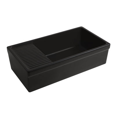 Large reversible single bowl fireclay kitchen sink: integral drain board, 2½” lip front apron
