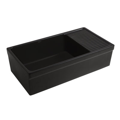 Large reversible single bowl fireclay kitchen sink: integral drain board, 2½” lip front apron