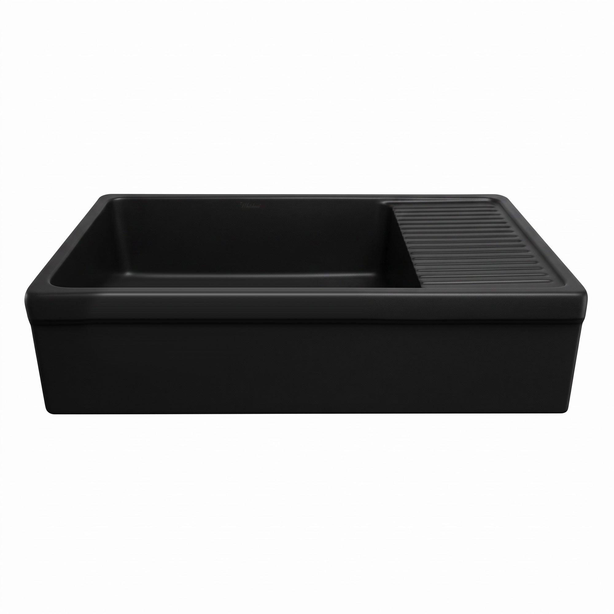 Large reversible single bowl fireclay kitchen sink: integral drain board, 2½” lip front apron
