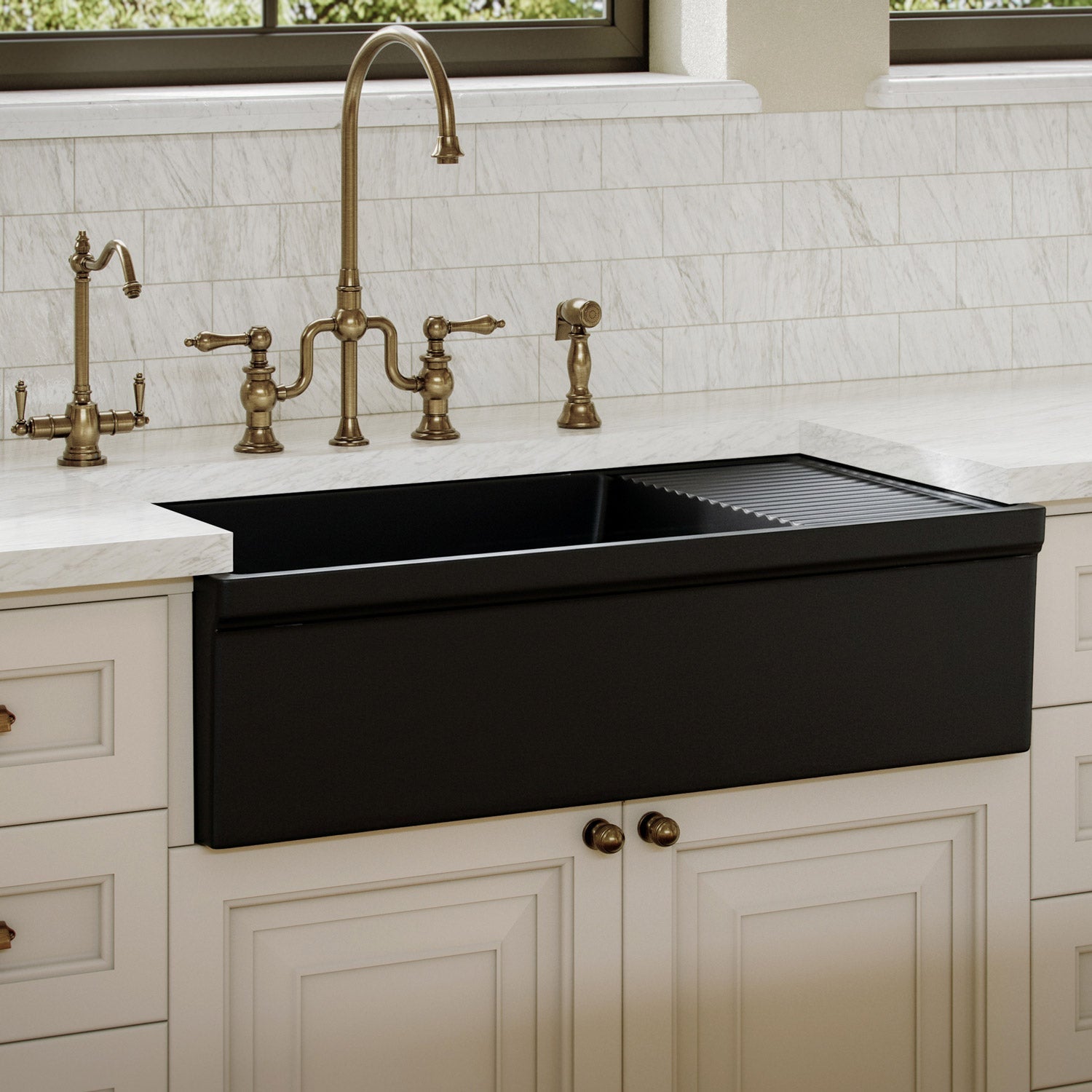 Large reversible single bowl fireclay kitchen sink: integral drain board, 2½” lip front apron