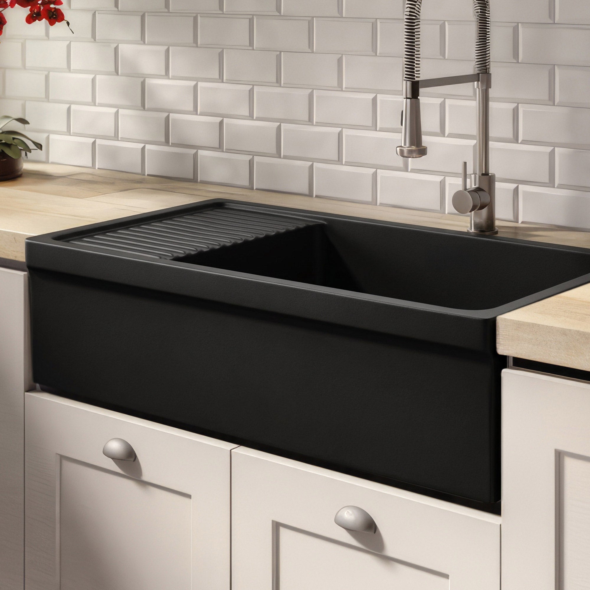 Large reversible single bowl fireclay kitchen sink: integral drain board, 2½” lip front apron