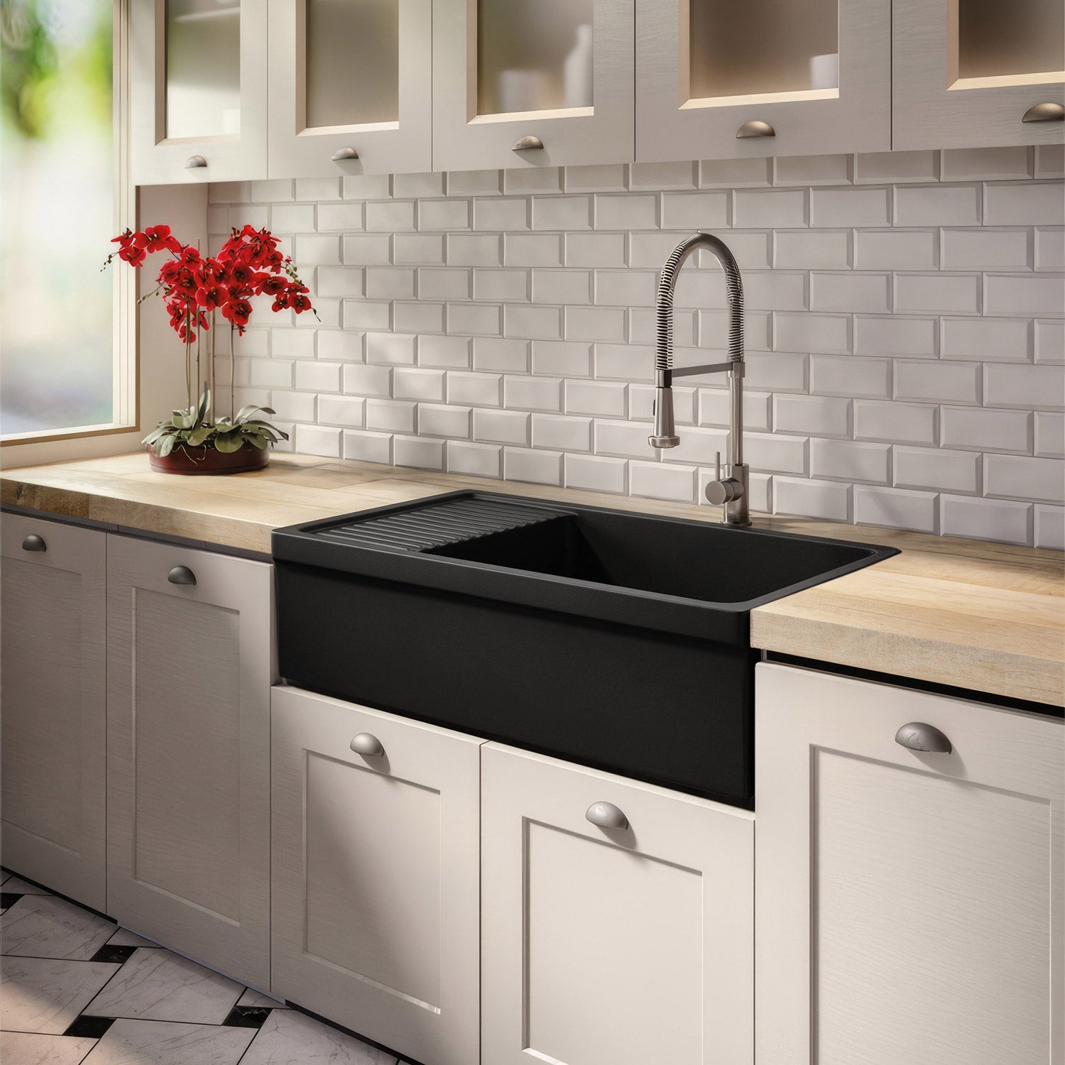 Large reversible single bowl fireclay kitchen sink: integral drain board, 2½” lip front apron
