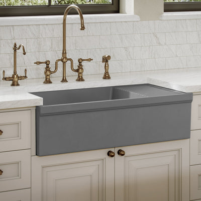Large reversible single bowl fireclay kitchen sink: integral drain board, 2½” lip front apron