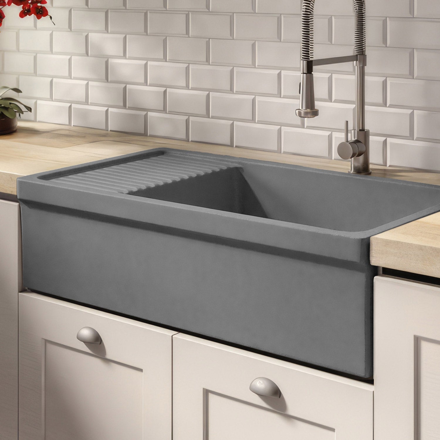 Large reversible single bowl fireclay kitchen sink: integral drain board, 2½” lip front apron