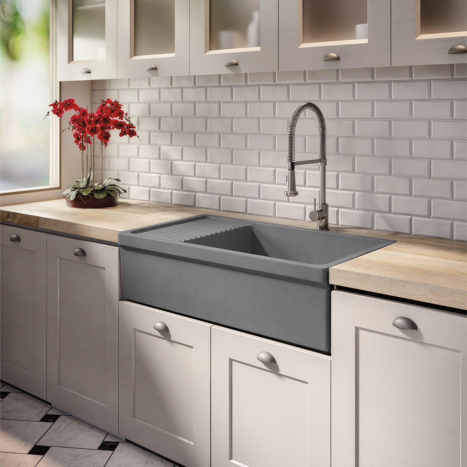 Large reversible single bowl fireclay kitchen sink: integral drain board, 2½” lip front apron