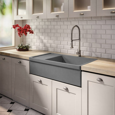 Large reversible single bowl fireclay kitchen sink: integral drain board, 2½” lip front apron