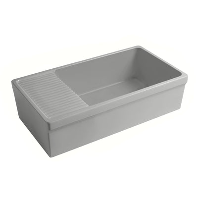 Large reversible single bowl fireclay kitchen sink: integral drain board, 2½” lip front apron