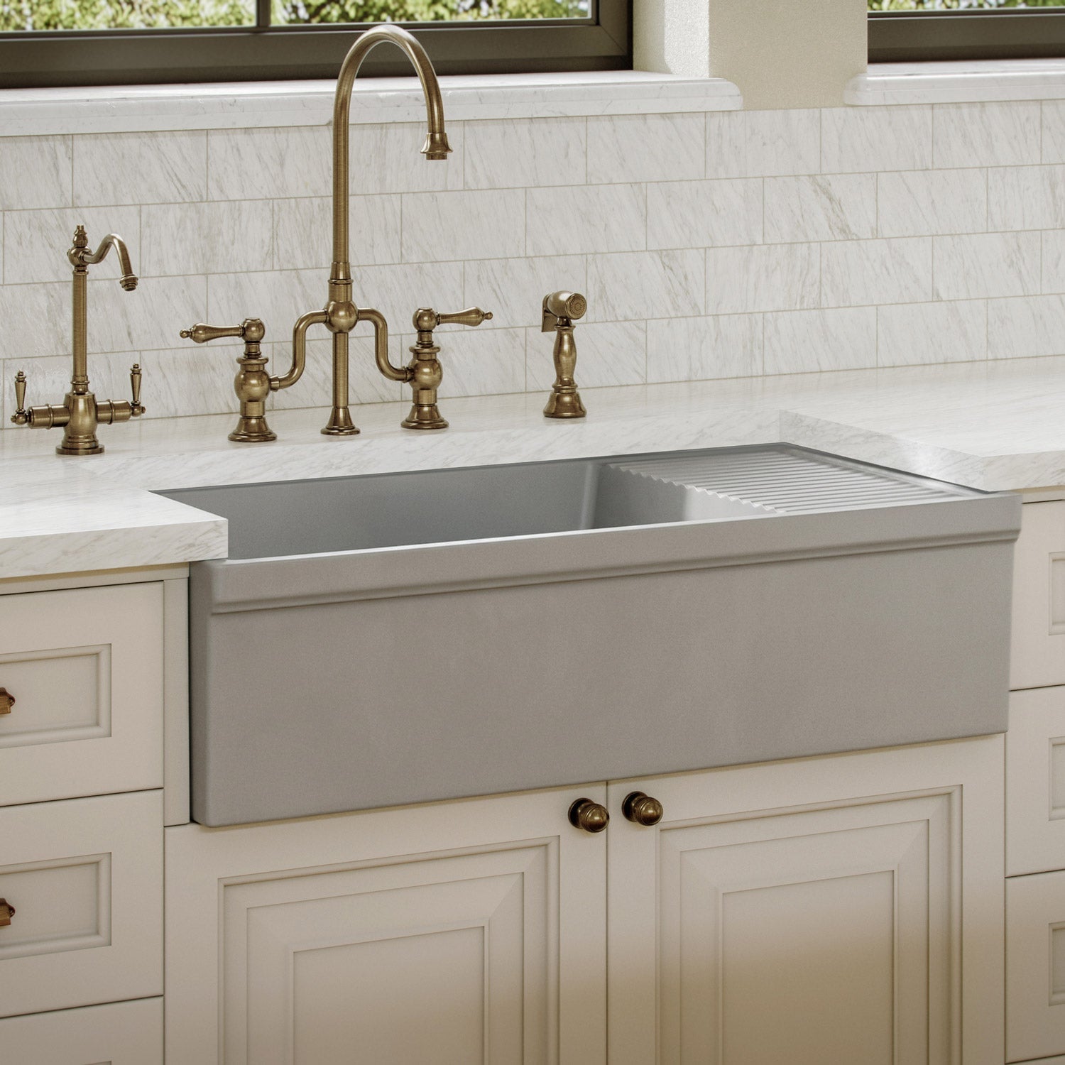 Large reversible single bowl fireclay kitchen sink: integral drain board, 2½” lip front apron