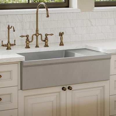 Large reversible single bowl fireclay kitchen sink: integral drain board, 2½” lip front apron