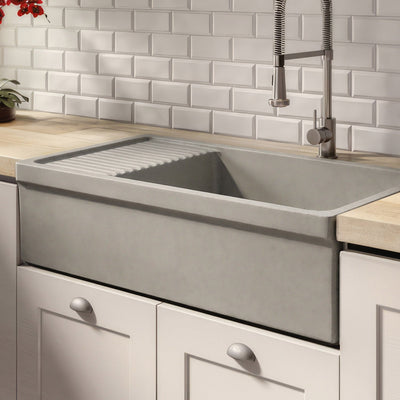 Large reversible single bowl fireclay kitchen sink: integral drain board, 2½” lip front apron