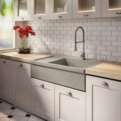 Large reversible single bowl fireclay kitchen sink: integral drain board, 2½” lip front apron