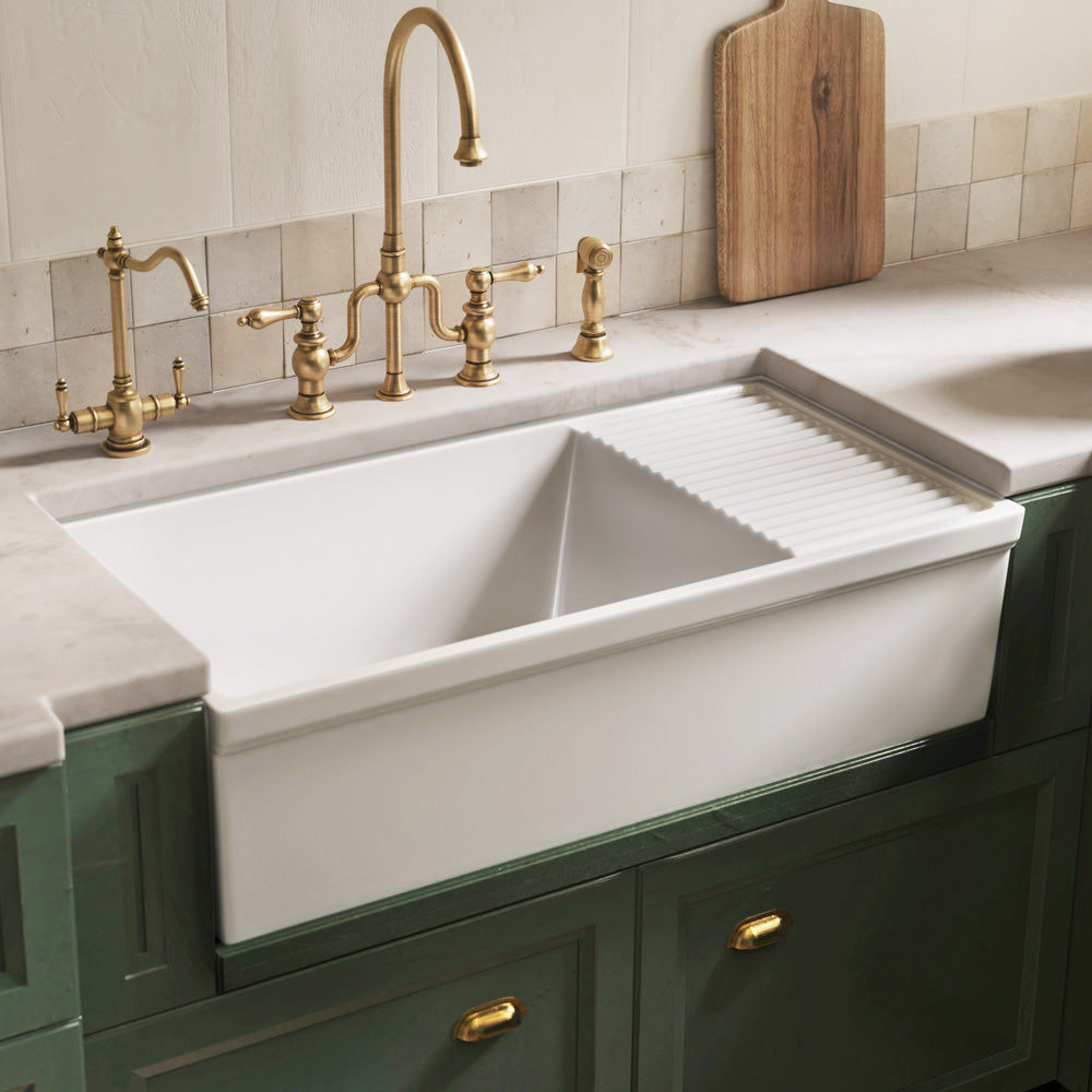 Large reversible single bowl fireclay kitchen sink: integral drain board, 2½” lip front apron