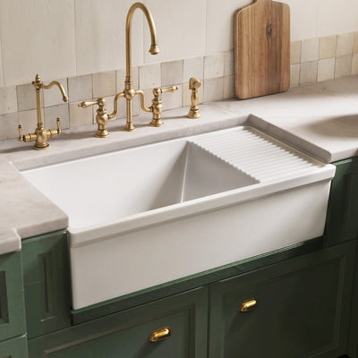Large reversible single bowl fireclay kitchen sink: integral drain board, 2½” lip front apron