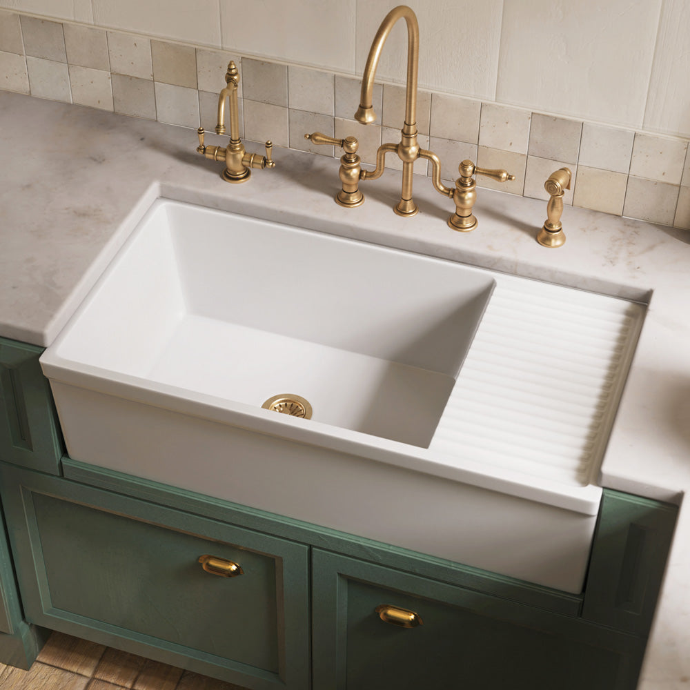 Large reversible single bowl fireclay kitchen sink: integral drain board, 2½” lip front apron
