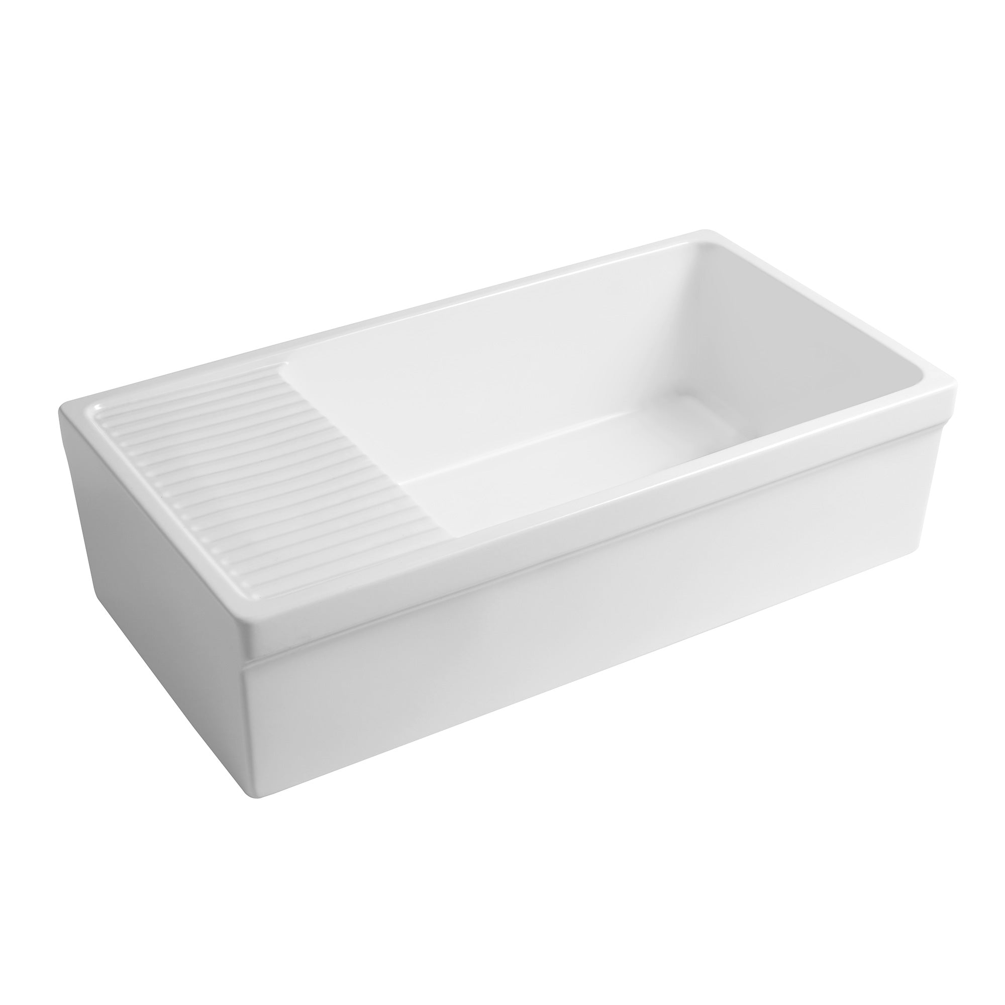 Large reversible single bowl fireclay kitchen sink: integral drain board, 2½” lip front apron