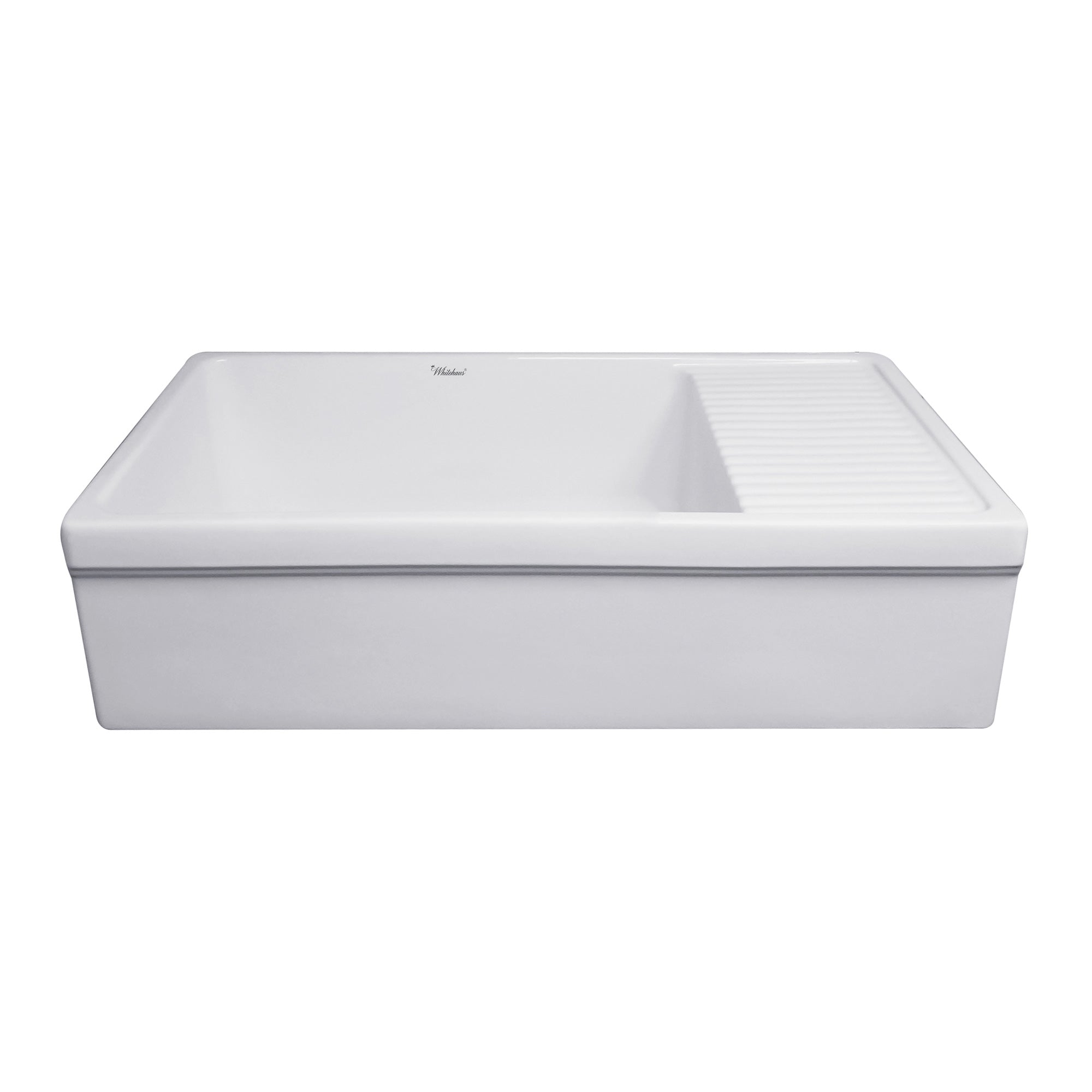 Large reversible single bowl fireclay kitchen sink: integral drain board, 2½” lip front apron