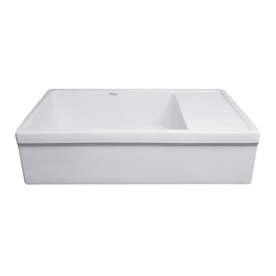 Large reversible single bowl fireclay kitchen sink: integral drain board, 2½” lip front apron