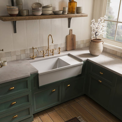 Large reversible single bowl fireclay kitchen sink: integral drain board, 2½” lip front apron