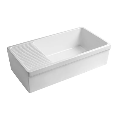 Large reversible single bowl fireclay kitchen sink: integral drain board, 2½” lip front apron