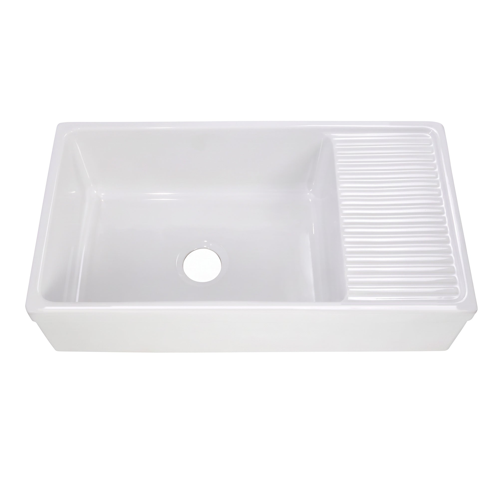 Large reversible single bowl fireclay kitchen sink: integral drain board, 2½” lip front apron