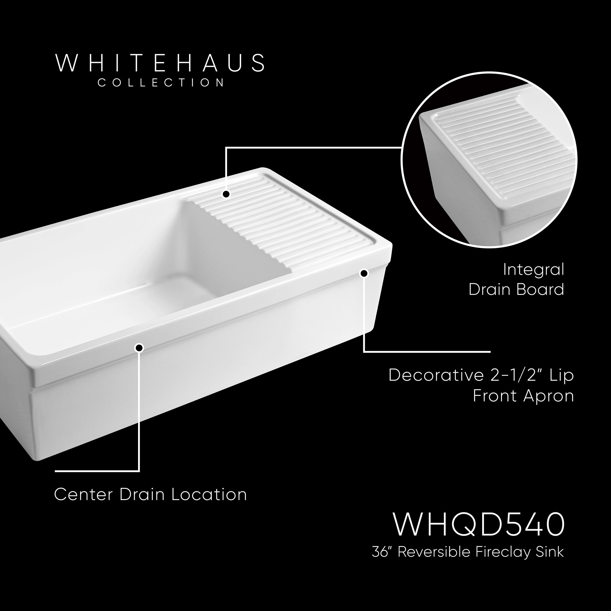 36" large reversible single bowl fireclay kitchen sink: integral drain board, 2½” lip front apron